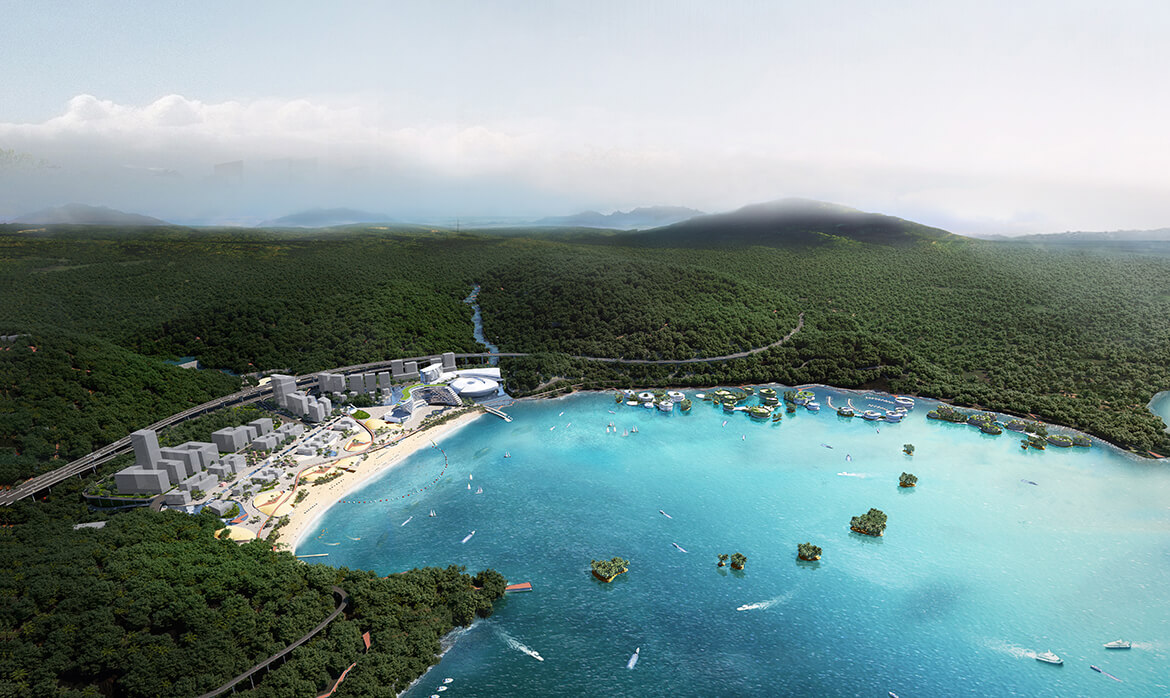 Waterstudio, Coral growth Masterplan, Xiao Mieisha, Bay, Areal View Day
