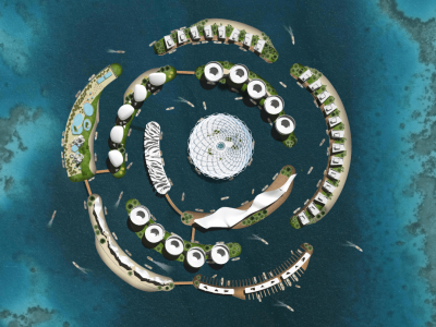 This image depicts the master plan of a floating city shaped like a desert rose in Jeddah, Saudi Arabia. The city features eleven islands that represent different parts of the rose amidst the serene blue ocean. The resort structures are connected by wooden walkways. The central structure has a geodesic dome design with multiple panels and is surrounded by open space. Boats can be seen in the water around the resort indicating accessibility via water.