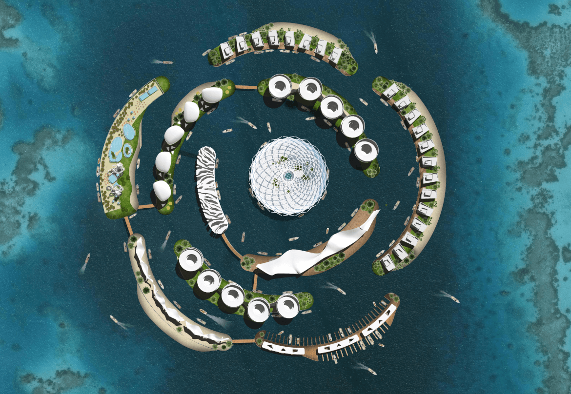 This image depicts the master plan of a floating city shaped like a desert rose in Jeddah, Saudi Arabia. The city features eleven islands that represent different parts of the rose amidst the serene blue ocean. The resort structures are connected by wooden walkways. The central structure has a geodesic dome design with multiple panels and is surrounded by open space. Boats can be seen in the water around the resort indicating accessibility via water.